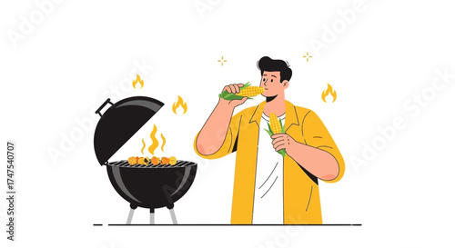 Man Grilling Corn And Having Fun During The Summer Season Outdoors Lifestyle