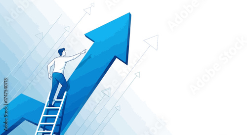 Man climbing to succes on arrow, business growth, achievement, financial success, upward trend