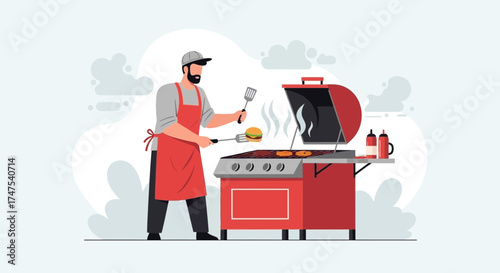 Man grilling burgers on a barbecue, outdoor cooking illustration, vector art design