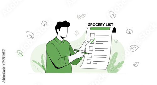 Man Completing Grocery List Illustration Showing Planning, Shopping And Lifestyle