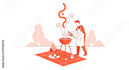 Man Grilling Food on A Picnic Representing Summer Cookout And Outdoor Recreation