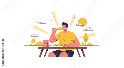Man Consuming Food Outdoors With Joyful Expression During A Sunny Day Relaxation
