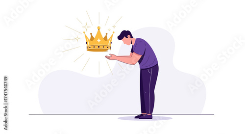 Man Contemplating a Golden Crown, Symbolizing Success and Achievement in Illustration