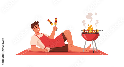 Man grilling kebabs on a barbecue, enjoying a summer day outside while relaxing