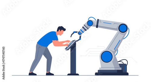 Man controlling a robotic arm representing automation and technology in the future