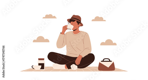 Man Contemplates Nature With A Cup, Relaxing During A Break Outdoors With Tranquility