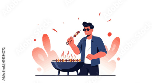 Man Grilling Food Outdoors Enjoying The Barbecue Celebration Simple Illustration