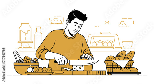 Man Cooking Food In Kitchen, Modern Illustration Style, Preparing Lunch Or Brunch Time