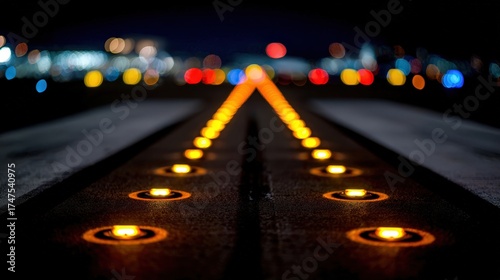 Illuminated runway lights guide the way on a dark, asphalt surface with blurred background bokeh lights at night, creating an atmosphere of anticipation and travel with the focus on the illuminated...