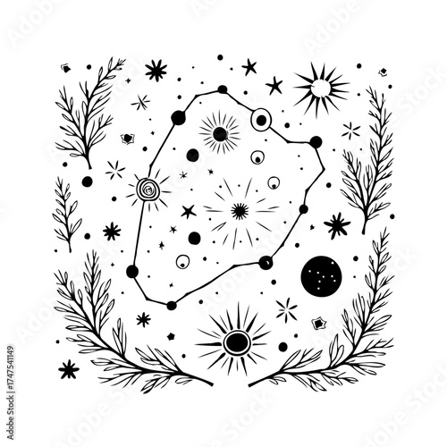 Celestial arrangement a harmonious display with astral elements and botanical details in