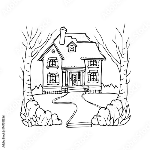 Charming homestead line art depiction amidst bare trees offers comforting suburban serenity a