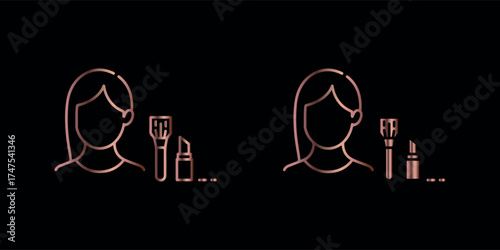Rose Gold Makeup Artist Icon Set Beauty Routine and Cosmetic Products on Black Background