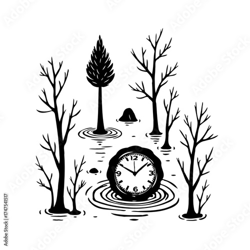 Clock amidst woodland waters illustrates reflective solitude and temporal distortion evoking
