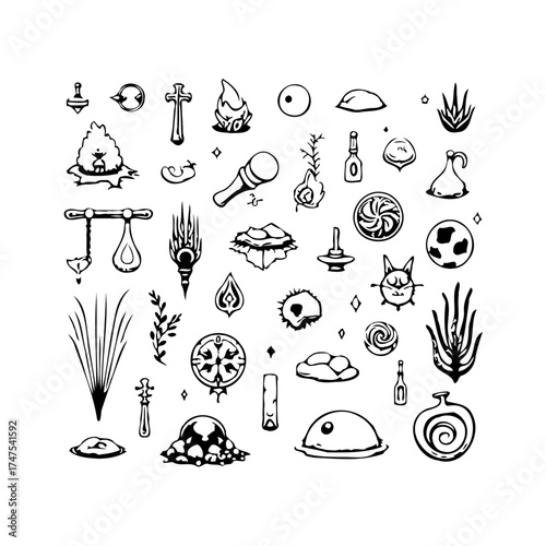 Collection of diverse whimsical hand drawn black and white icons for graphic design with fantasy