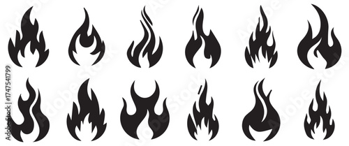 "Minimalist Fire Flame and Lighter Icons Set – Thin Outline Vector Logo Collection in Black Silhouette"Web