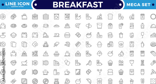 Breakfast Outline icon set. Contains such icons as burger, coffee, donut, bubble tea, pizza, French fries, tea, desserts, beer, hot dog, sushi and rolls, and cocktail. Editable stroke outline icon. 
