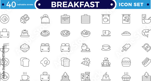 Breakfast Outline icon set. Contains such icons as burger, coffee, donut, bubble tea, pizza, French fries, tea, desserts, beer, hot dog, sushi and rolls, and cocktail. Editable stroke outline icon. 