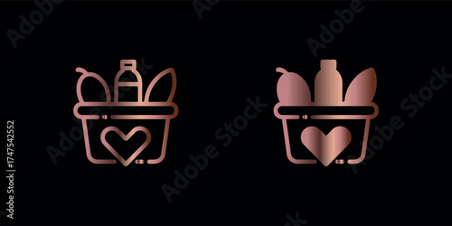 Rose Gold Icon of Shopping Basket with Heart on Black Background for Food Donation