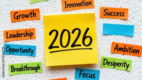 Bright sticky notes on a wall highlight 2026 with themes of growth, innovation, and success.