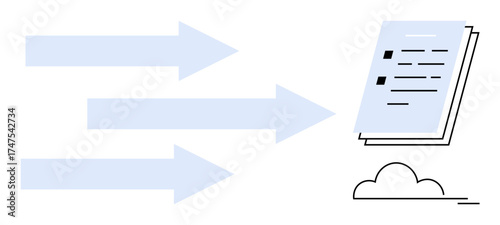 Three arrows moving toward a stack of documents above a minimal cloud. Ideal for data transfer, cloud storage, workflow, file management, documentation, information sharing, technological processes