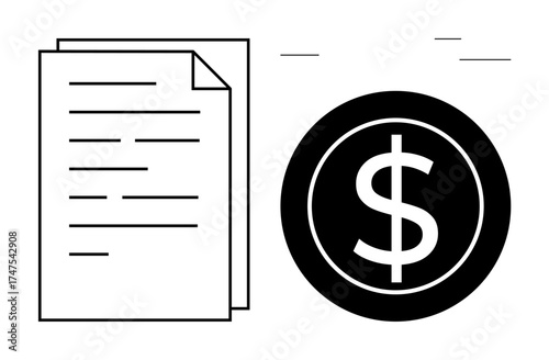 Stacked papers with textual lines adjacent to a dollar sign encased in a circle. Ideal for business, finance, contracts, accounting, payments, budgeting, and investment topics. Clean simple flat