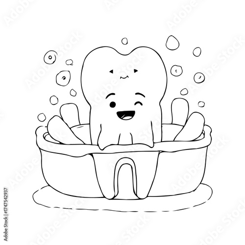 Delightful dental care illustration showcasing a cartoon tooth taking a playful bath with bubbles