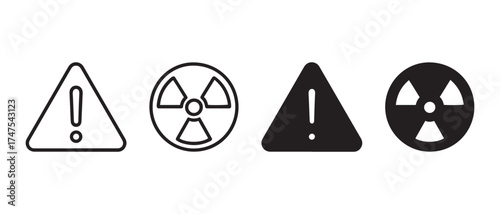 Radiation and warning sign. in black and white isolated on white background.