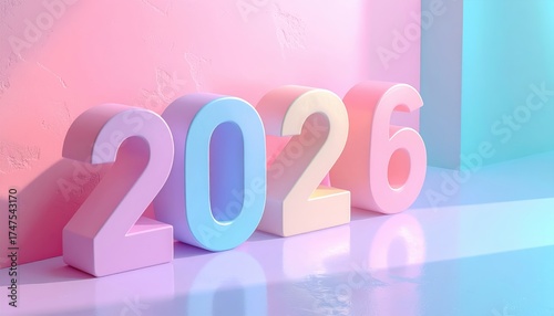Pastel 3D 2026 typography on geometric podium — trendy minimal new year design in pink and blue