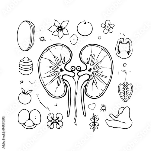Detailed kidney illustration combined with floral and nature elements offering a unique aesthetic