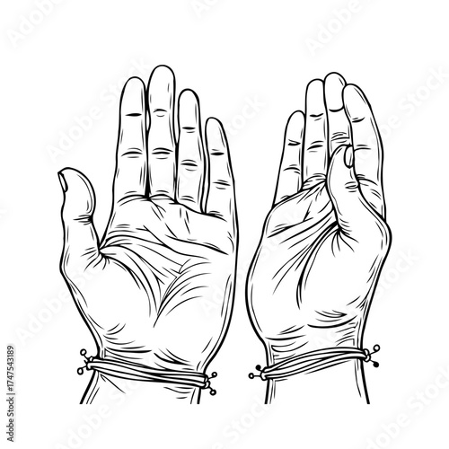 Detailed line art depicting two hands raised in a gesture of supplication or reverence on a white