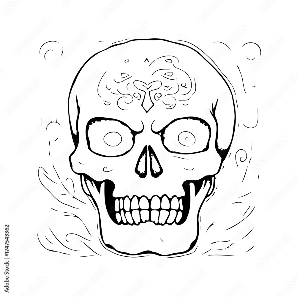 Obraz premium Detailed monochrome skull artwork with decorative forehead design featuring stylized wispy