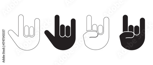 Rock and roll hand icons. gesture in black and white isolated on white background.