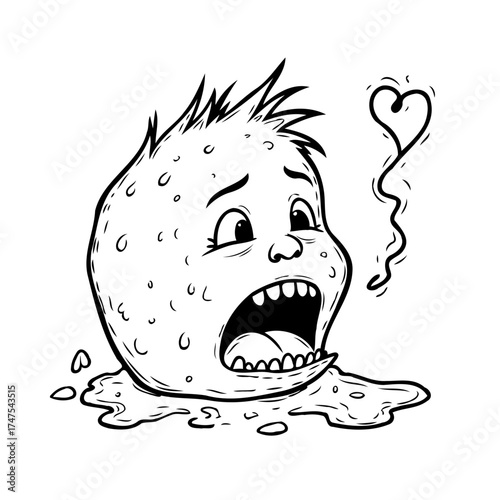 Distressed globular character expressing heartache and dissolving into liquid despair, embodying