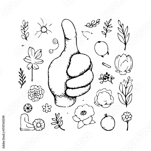 Doodle art with thumbs up gesture surrounded by various floral elements and plant motifs on a