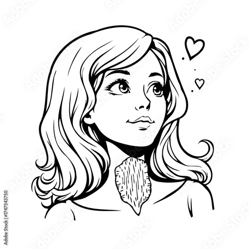 Dreamy eyed girl lost in thought floating hearts whimsy illustration creative concept perfect