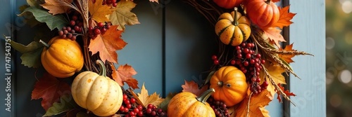 Rustic Autumnal Wreath with Gourds, Wheat, and Fall Leaves - Perfect Thanksgiving Farmhouse Decor