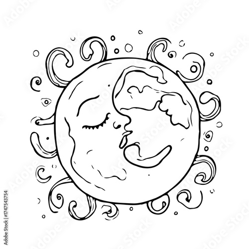 Dreamy lunar face with celestial adornments in an enchanting sketch evokes calm reflection and