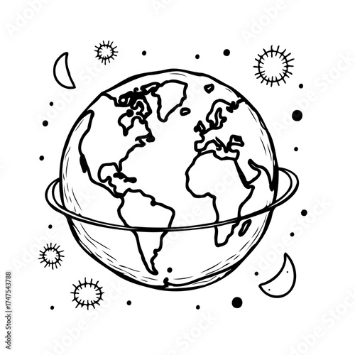 Earth illustration featuring continents surrounded by moons and suns in a hand drawn style vector