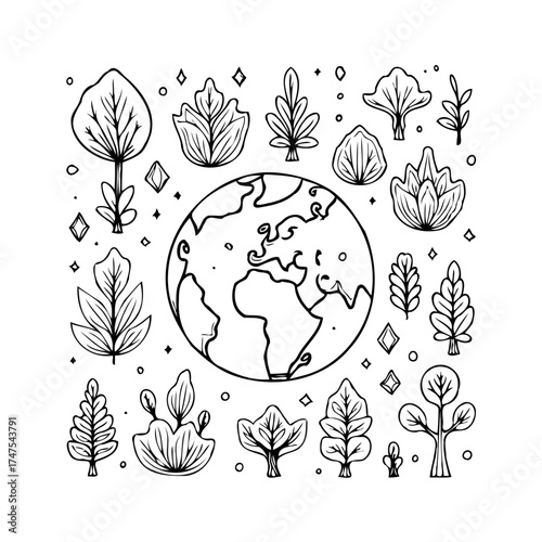 Earth surrounded by diverse plants foliage and shapes, a hand drawn linear illustration for