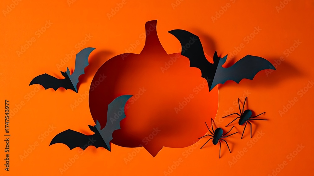 Fototapeta premium Halloween pumpkin cutout with bats and spiders on orange background