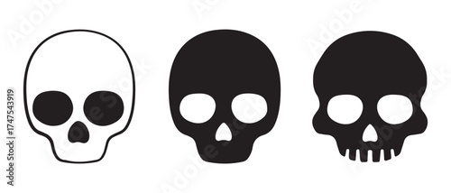 Skulls icons. in different styles, black and white isolated on white background.