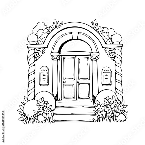 Elegant architectural door illustration with arched frame and floral adornments perfect for
