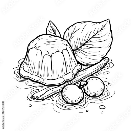 Elegant confection with foliage and fruit illustration captures the essence of deliciousness and