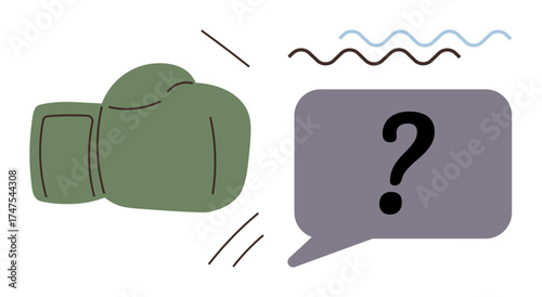 Boxing glove punches a speech bubble with question mark, wavy lines signifying frustration or debate. Ideal for conflict, challenge, argument, debate, communication issues, struggle, or censorship