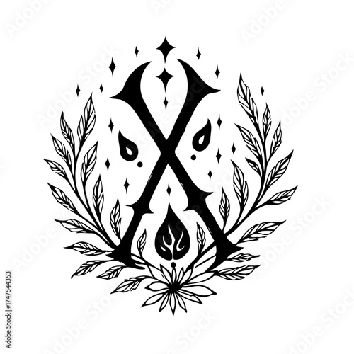 Elegant floral insignia with a stylized letter X and botanical elements creating an ornate crest