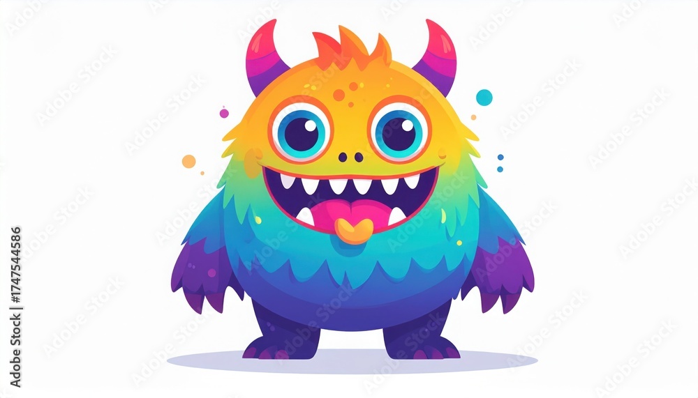 Naklejka premium A colorful, cartoonish monster with large eyes, sharp teeth, and vibrant hues, radiating a playful and whimsical vibe.