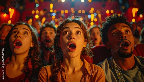 Amazed cinema audience — friends reacting to movie scene in theater with dramatic lights