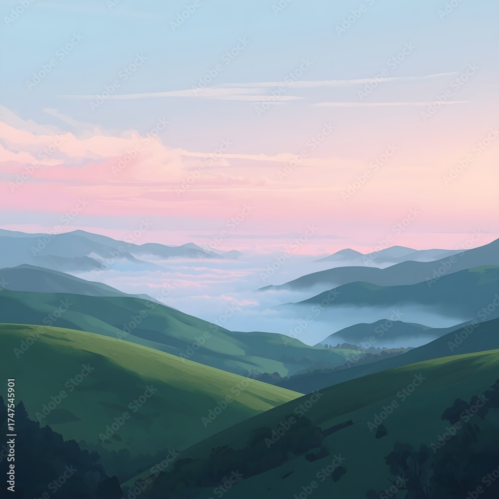 Fototapeta premium Majestic sunrise over rolling green hills covered in mist and fog, with layered mountain ranges fading into the horizon under a soft pastel sky, creating a peaceful natural landscape background for de