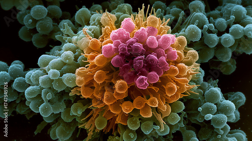 A mast cell releasing histamine in an allergic reaction, visualized as a colorful SEM micrograph.