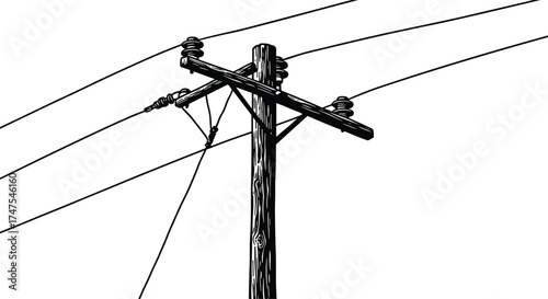 Detailed silhouette vector illustration of wooden electric power pole with insulators and transmission lines, black and white energy infrastructure and electricity connection design